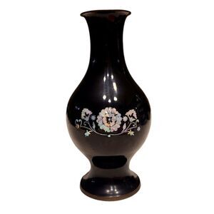 Vintage Black Lacquer brass vase with Abalone Mother of Pearl overlay 
